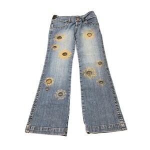 Bible Flare Jeans Womens 29 Blue Embellished Studded Mandala Y2K Wide Leg